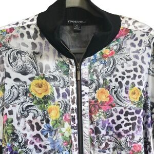 Motive Women's XL Bomber Moto Jacket Leopard Floral‎ Print Zip Up Vintage Sateen